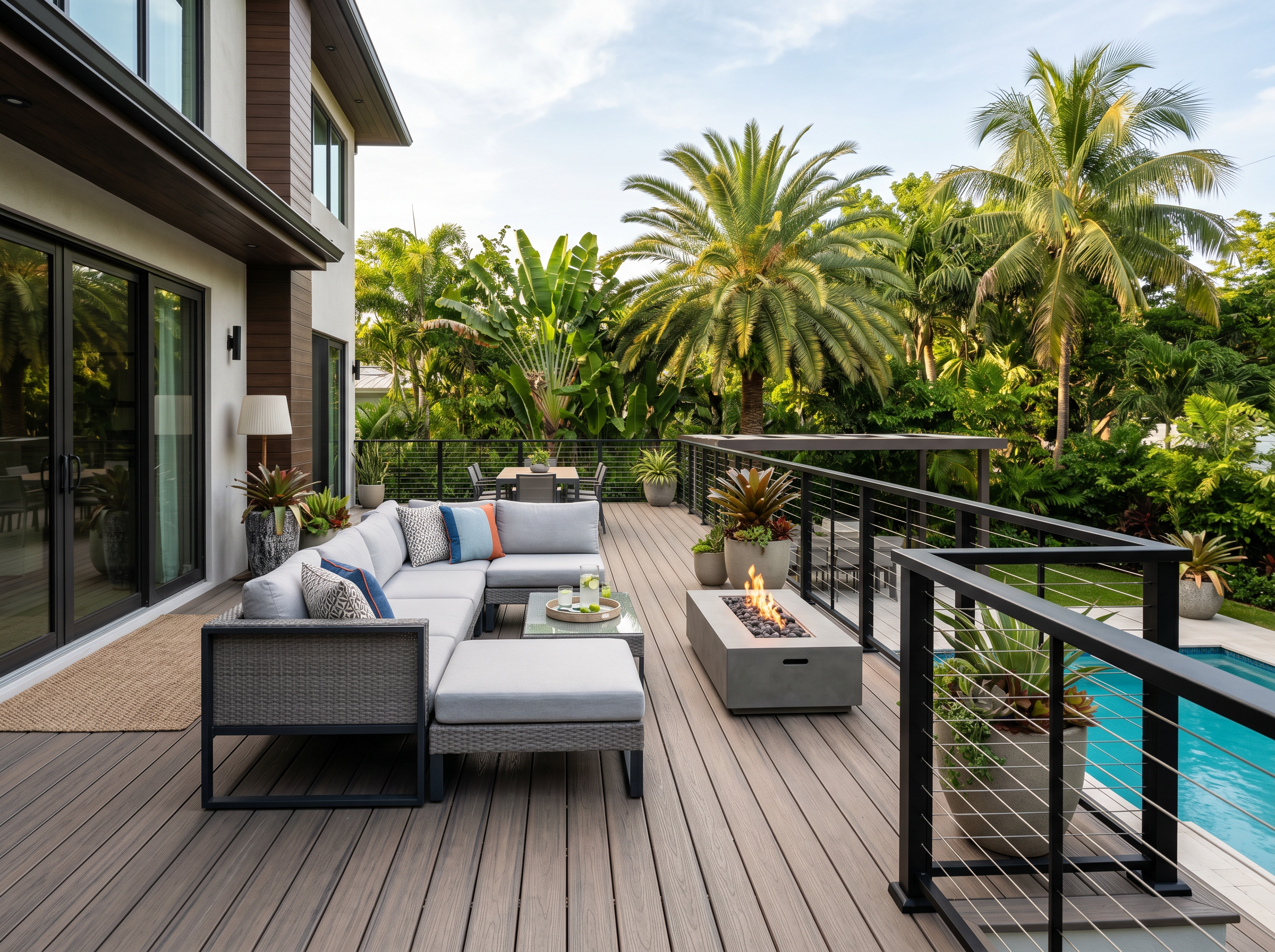 Modern composite deck with cable railing and forest views