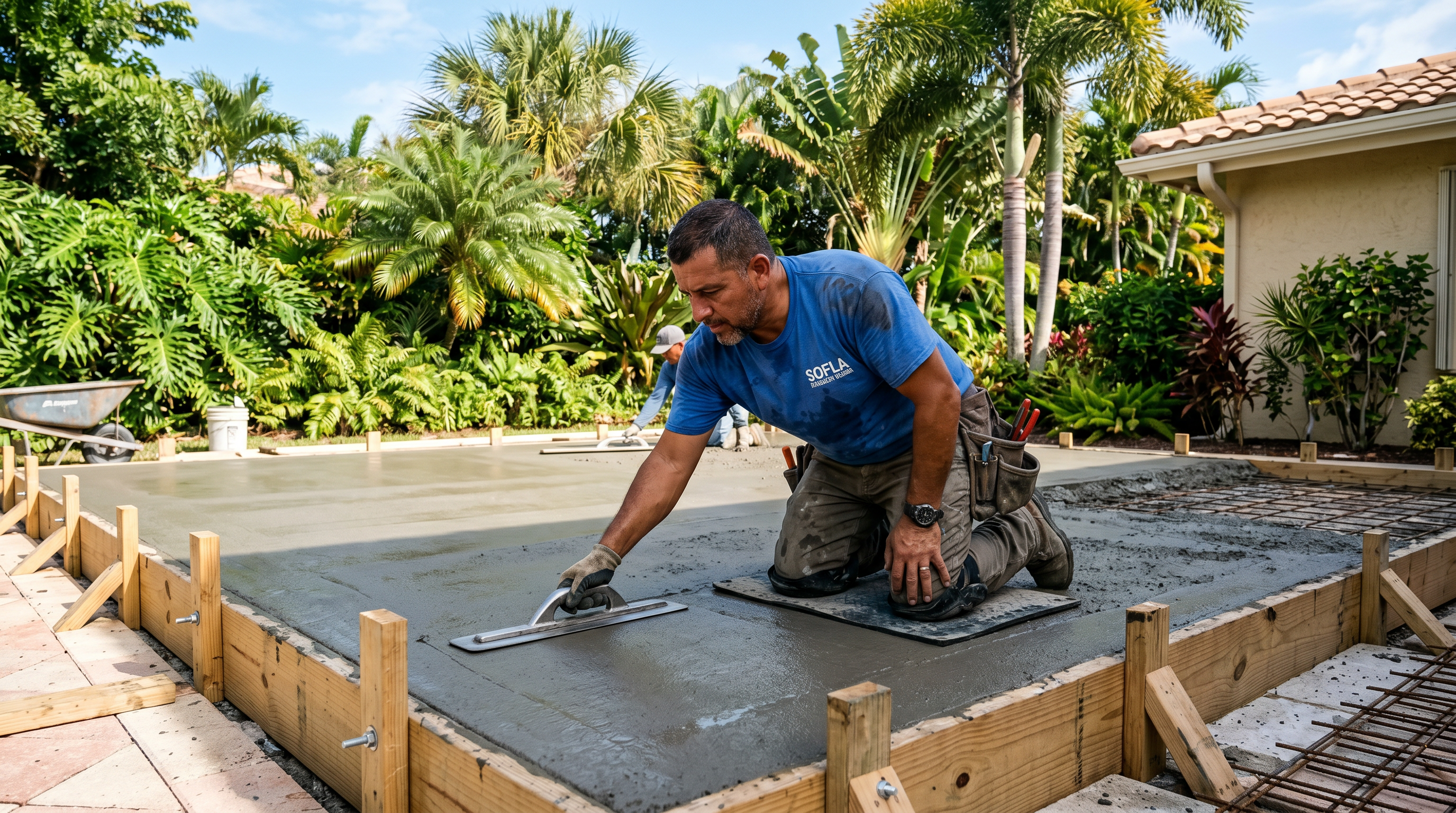 Skilled worker troweling freshly poured concrete