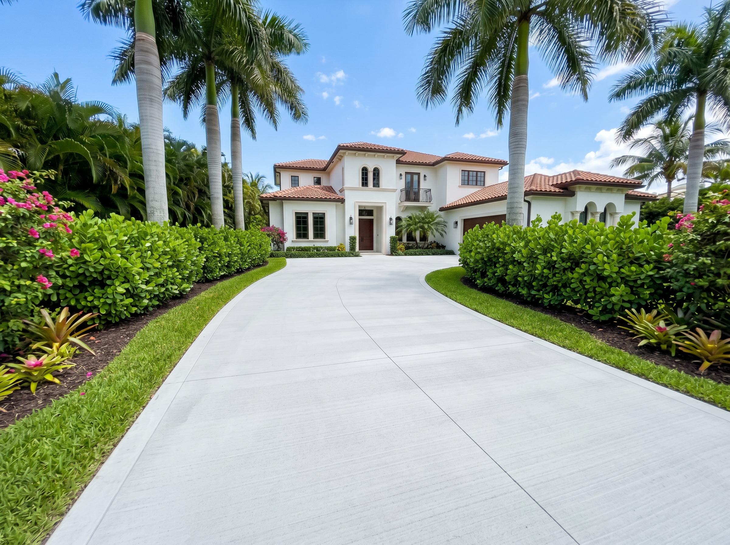 Fresh broom-finished concrete driveway at a South Florida home