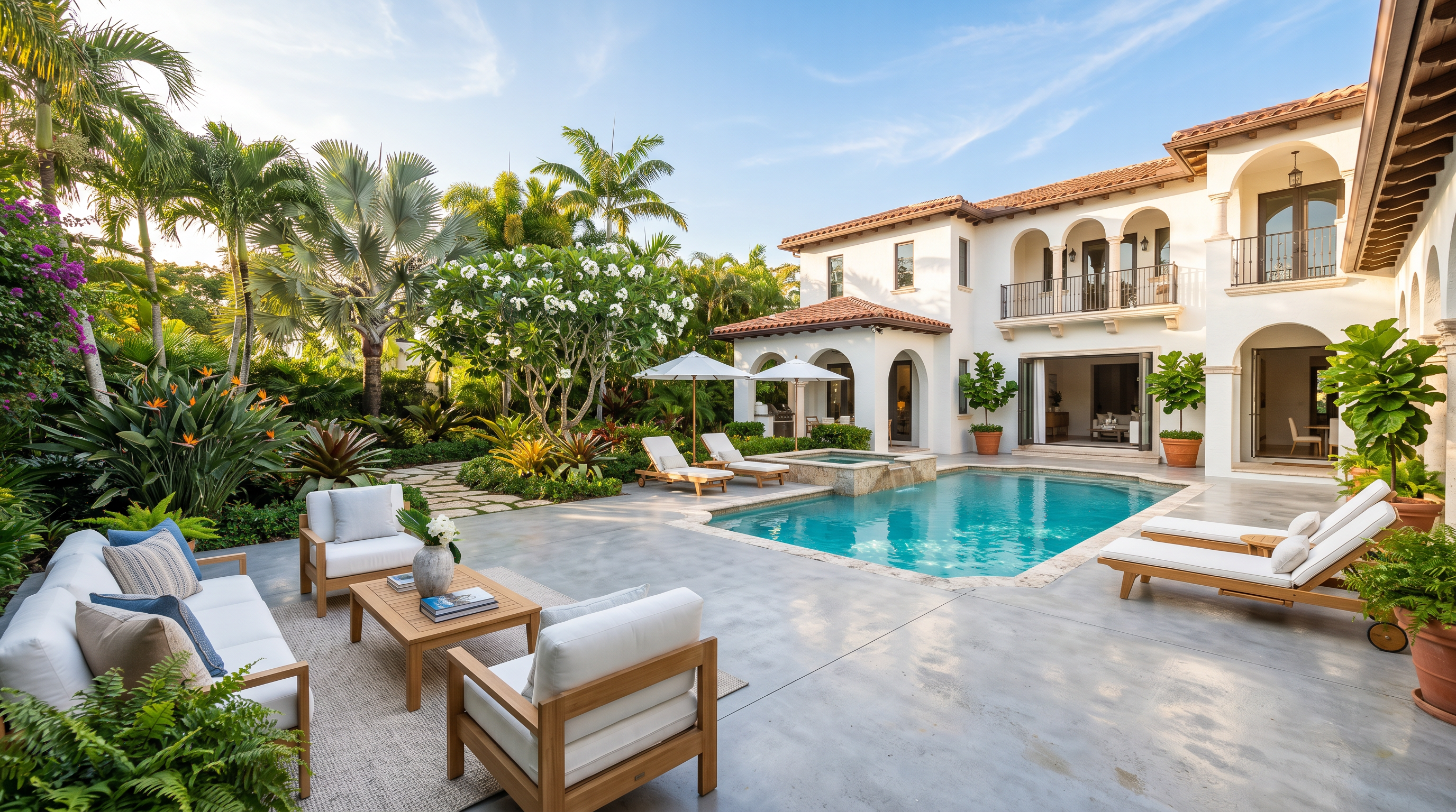 Expansive smooth concrete patio with outdoor living space at a modern home