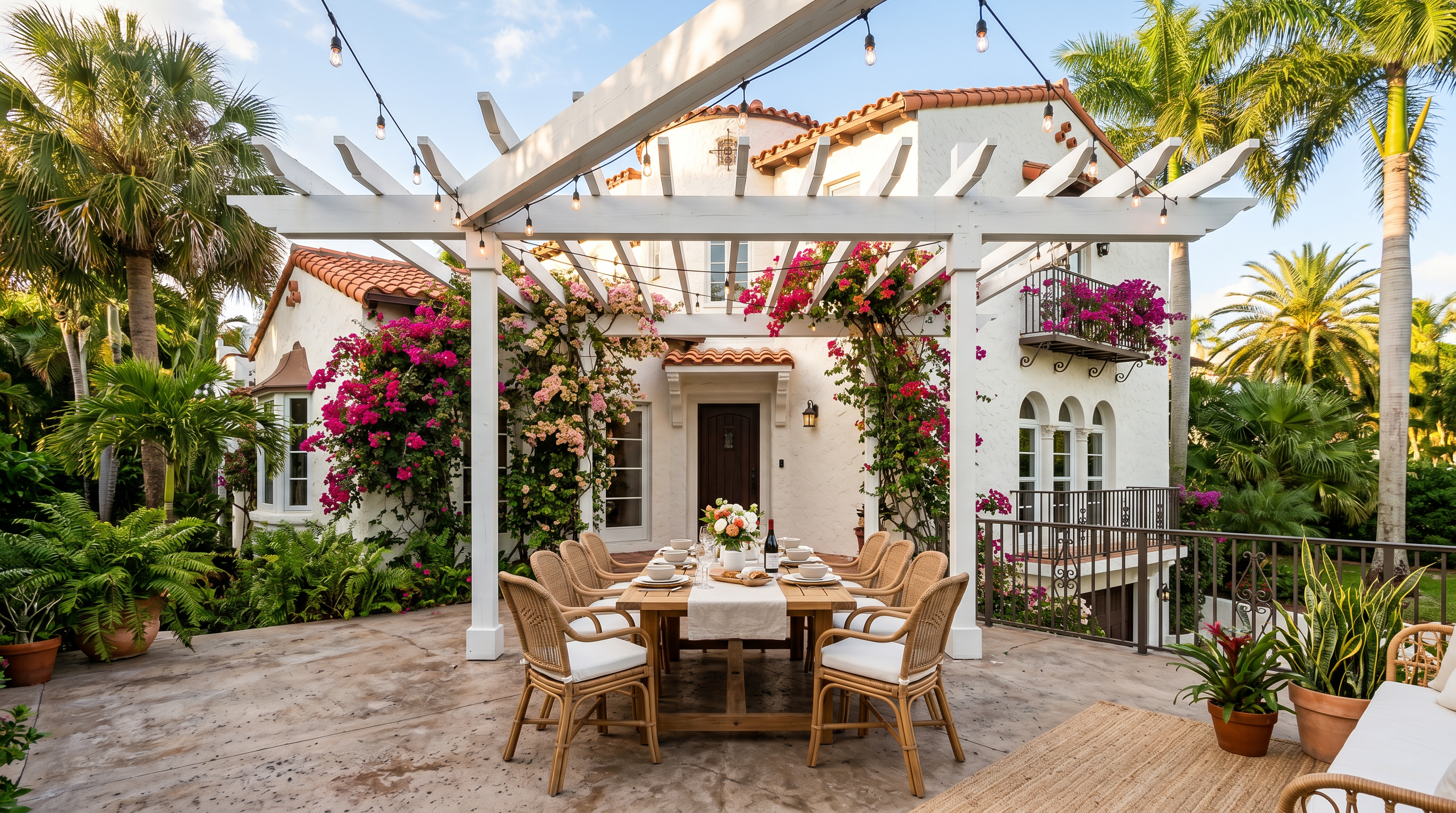 White pergola over patio with string lights and garden