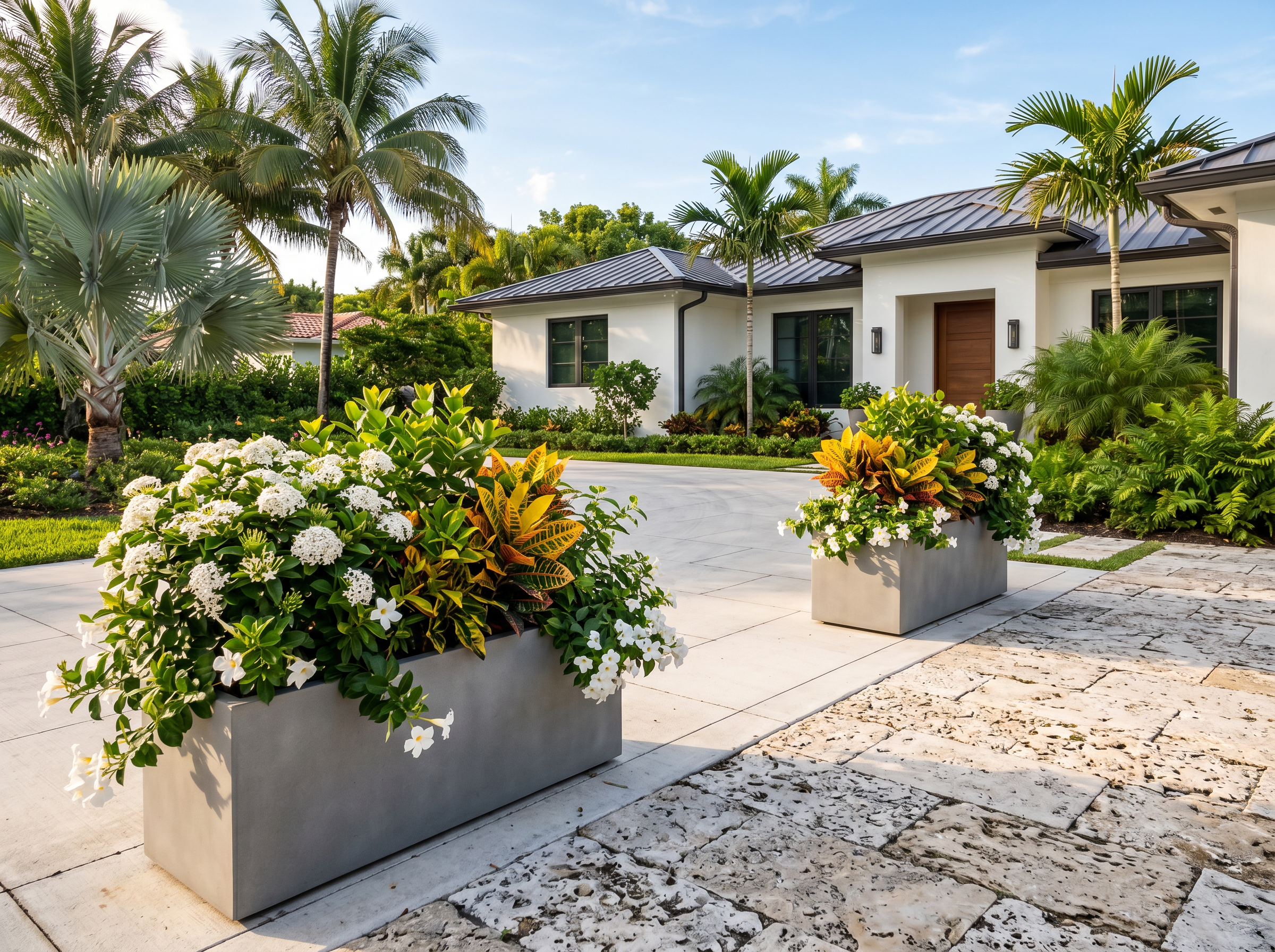 Elegant concrete planters lining a home entry
