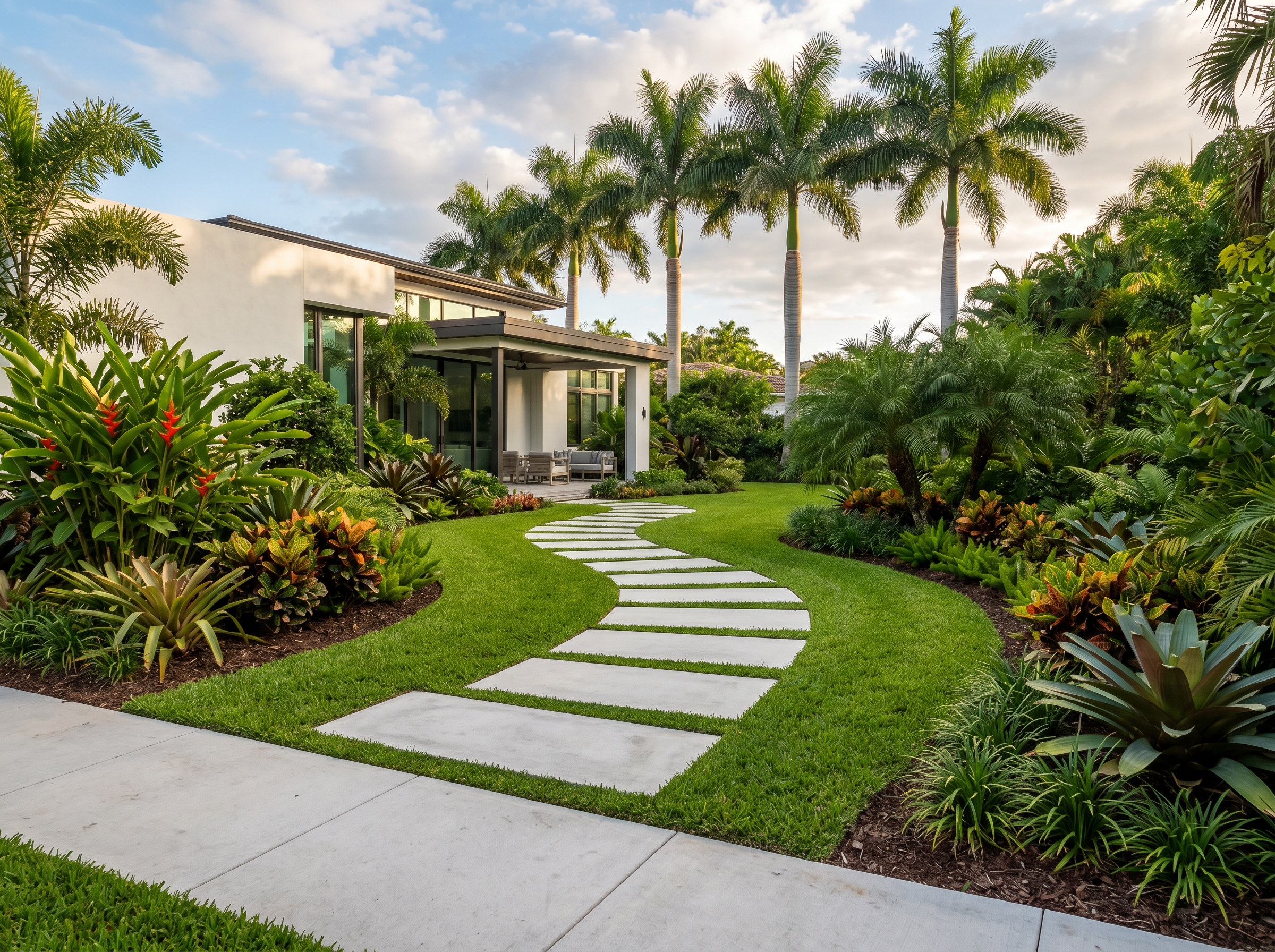 Concrete stepping stones through a lush tropical yard