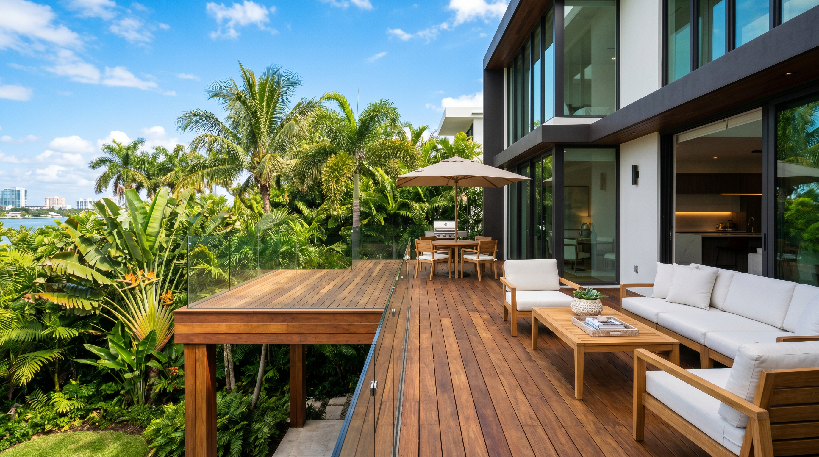 Beautiful wood deck with lush garden views